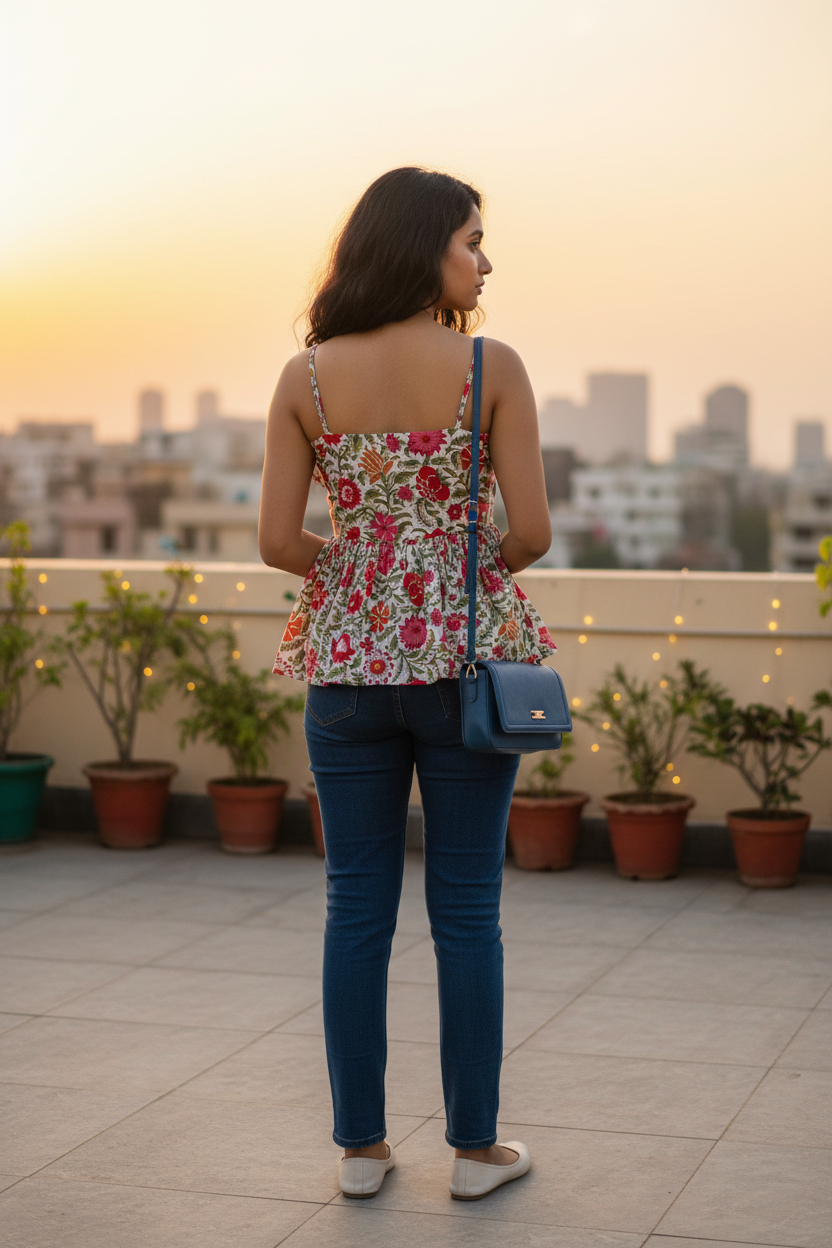 Floral Peplum Top Back View Rooftop Setting Fresh