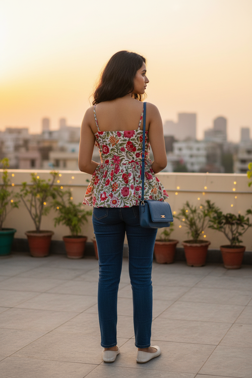 Floral Peplum Top Back View Rooftop Setting Fresh